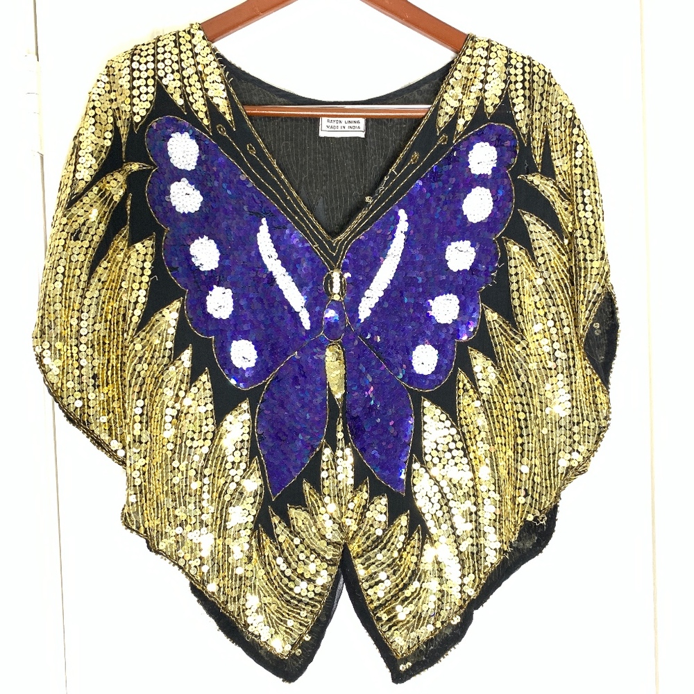 Vintage Pure Silk Sequin Butterfly Top